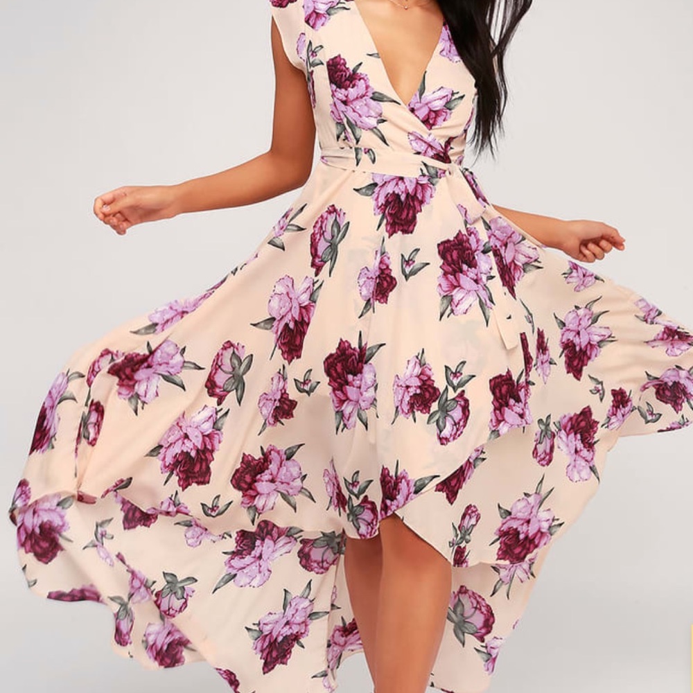 Lulu’s French Countryside Blush Floral Print High-Low Dress in Medium